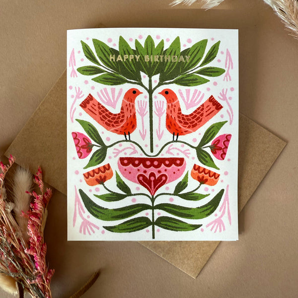 Folk Birthday Birds Birthday Card