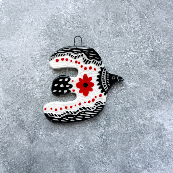 Ceramic Folk Black and Red Bird I Ornament Wall Hanging