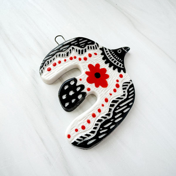 Ceramic Folk Black and Red Bird I Ornament Wall Hanging