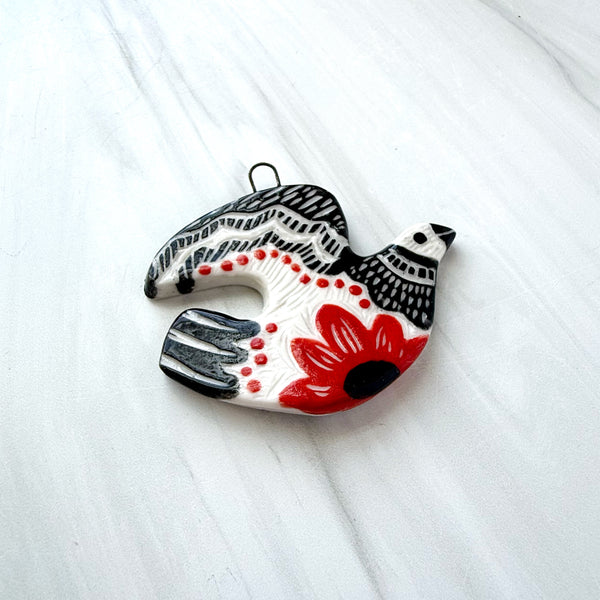 Ceramic Folk Black and Red Bird II Ornament Wall Hanging