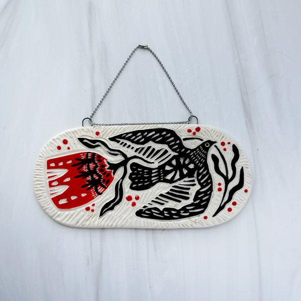 Ceramic Black Bird and Red Flower Hanging Art