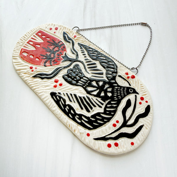 Ceramic Black Bird and Red Flower Hanging Art