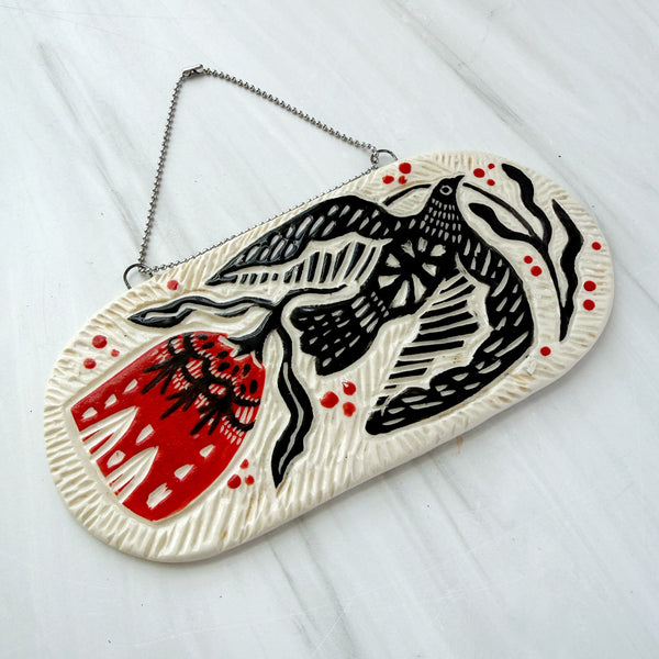 Ceramic Black Bird and Red Flower Hanging Art