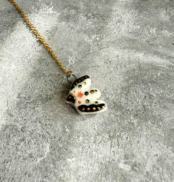 Bird in Flight I Porcelain Charm with Gold Luster Accents Antique Gold Necklace