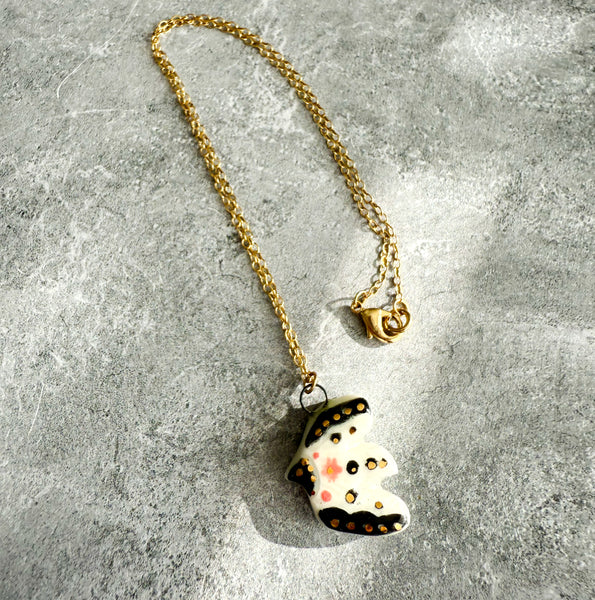 Bird in Flight I Porcelain Charm with Gold Luster Accents Antique Gold Necklace