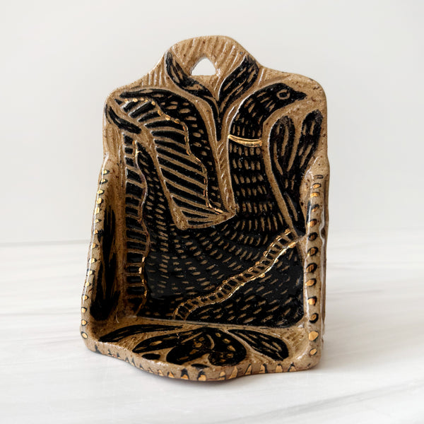 Ceramic Nordic Blackbird on Speckeled Buff Small Shrine with Gold Luster Accents