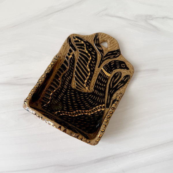 Ceramic Nordic Blackbird on Speckeled Buff Small Shrine with Gold Luster Accents