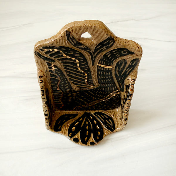 Ceramic Nordic Blackbird on Speckeled Buff Small Shrine with Gold Luster Accents