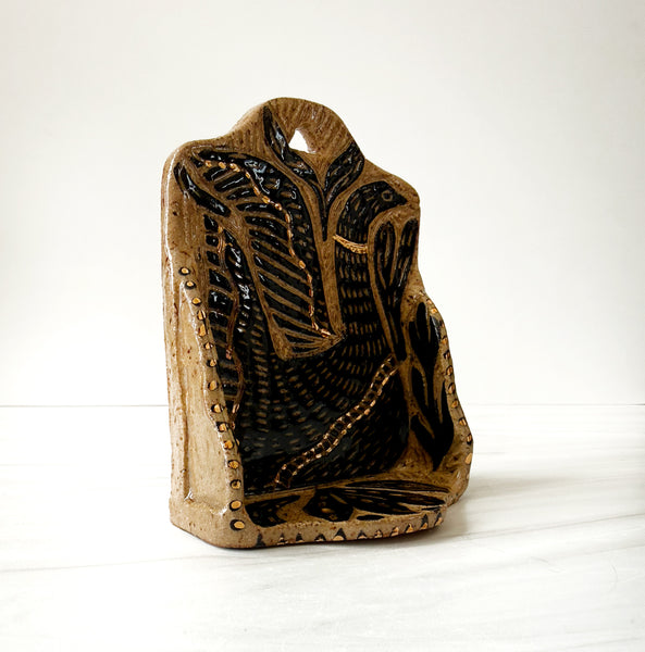 Ceramic Nordic Blackbird on Speckeled Buff Small Shrine with Gold Luster Accents