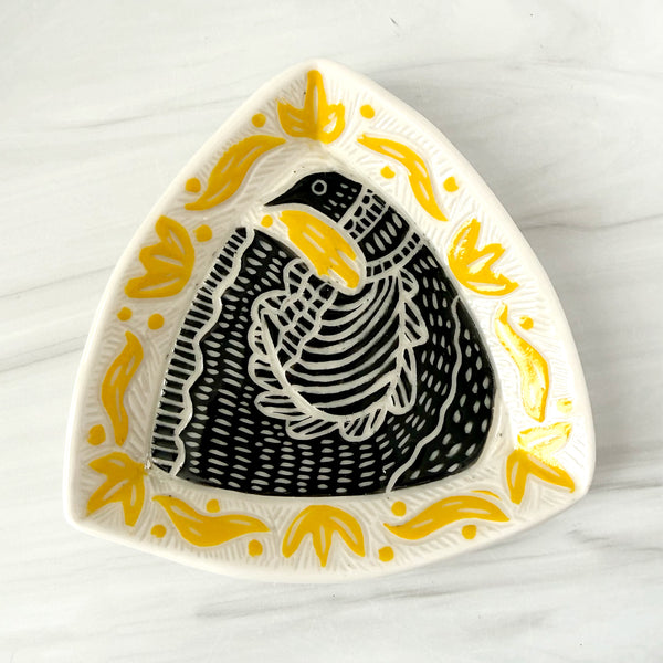 Ceramic Black Bird with Yellow Foliage Dish