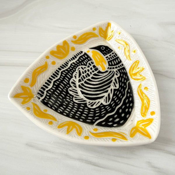 Ceramic Black Bird with Yellow Foliage Dish