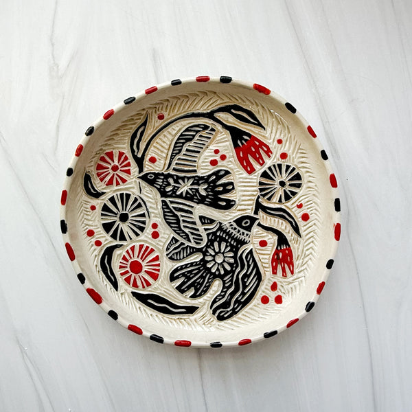 Ceramic Two Birds with Red Flowers Dish