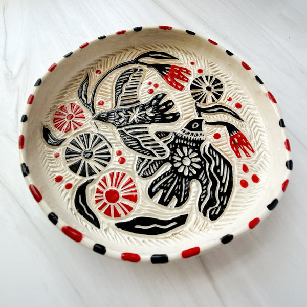 Ceramic Two Birds with Red Flowers Dish