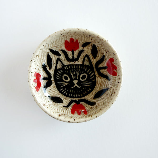 Cat and Red Florals Hand Painted Sgraffito Carved Ceramic Small Dish I