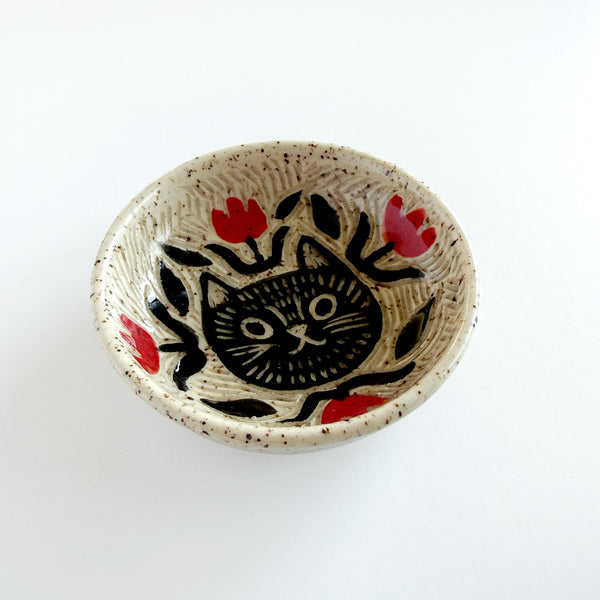Cat and Red Florals Hand Painted Sgraffito Carved Ceramic Small Dish I