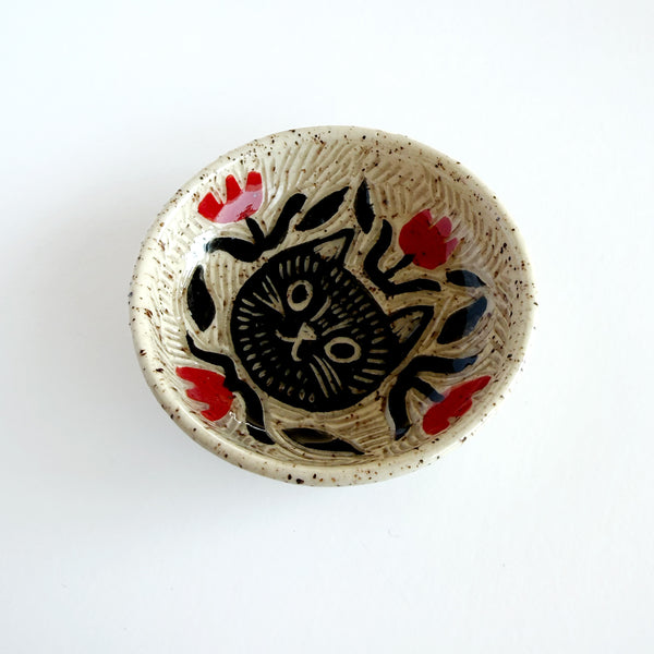 Cat and Red Florals Hand Painted Sgraffito Carved Ceramic Small Dish I