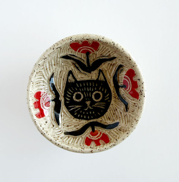 Cat and Red Florals Hand Painted Sgraffito Carved Ceramic Small Dish 2