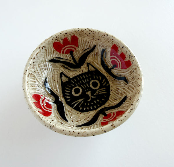 Cat and Red Florals Hand Painted Sgraffito Carved Ceramic Small Dish 2