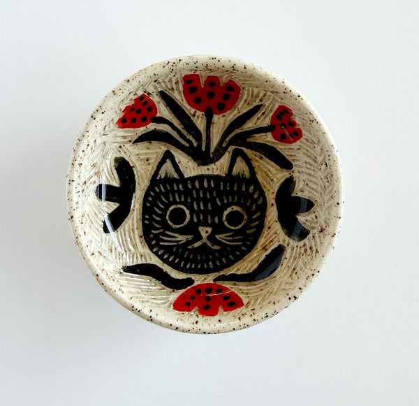 Cat and Red Florals Hand Painted Sgraffito Carved Ceramic Small Dish 3