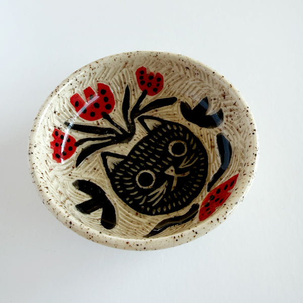 Cat and Red Florals Hand Painted Sgraffito Carved Ceramic Small Dish 3