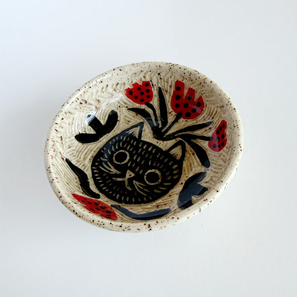 Cat and Red Florals Hand Painted Sgraffito Carved Ceramic Small Dish 3