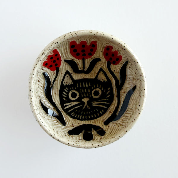Cat and Red Florals Hand Painted Sgraffito Carved Ceramic Small Dish 4