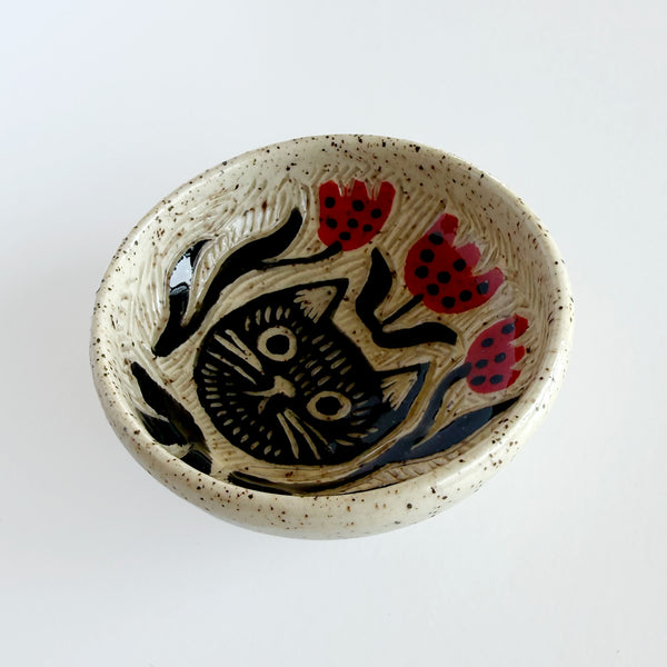 Cat and Red Florals Hand Painted Sgraffito Carved Ceramic Small Dish 4
