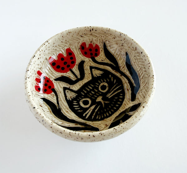 Cat and Red Florals Hand Painted Sgraffito Carved Ceramic Small Dish 4