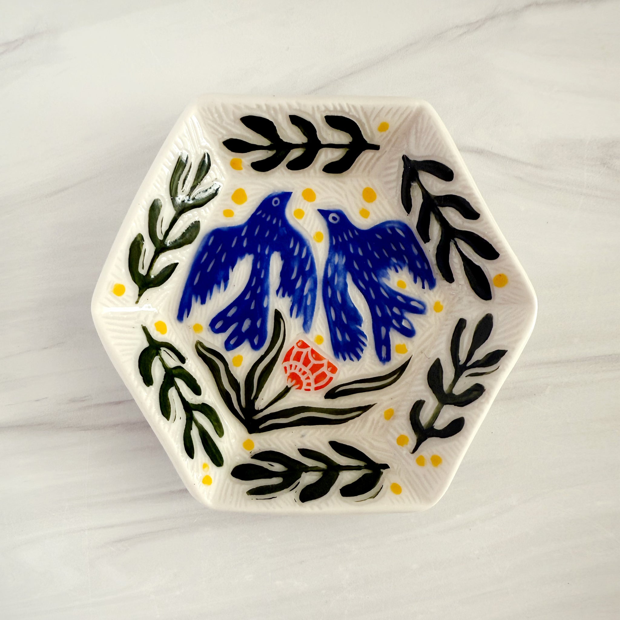 Two Blue Birds Hexagon Ceramic Dish