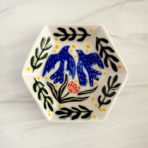 Two Blue Birds Hexagon Ceramic Dish