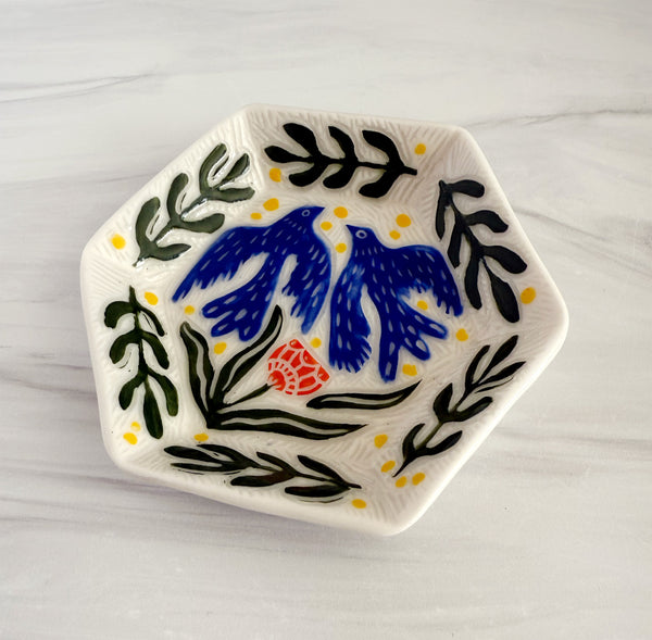 Two Blue Birds Hexagon Ceramic Dish