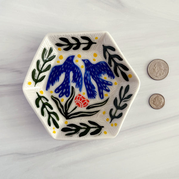 Two Blue Birds Hexagon Ceramic Dish