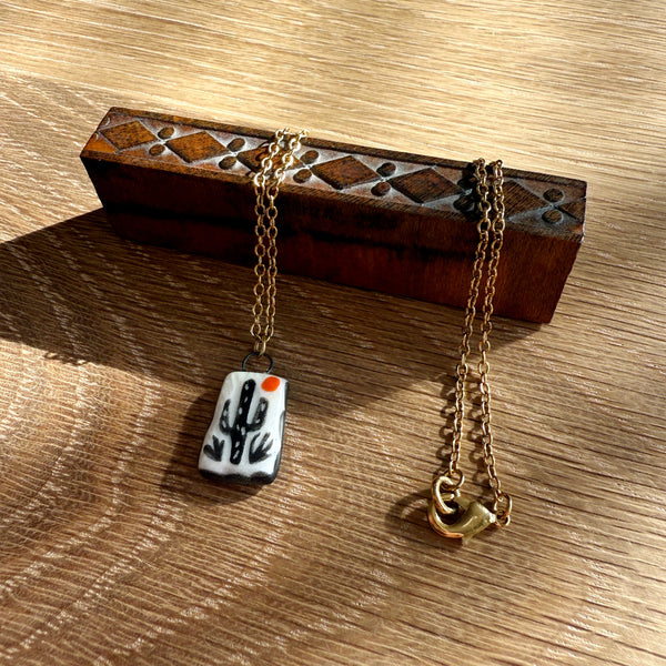 Cactus Desert I Porcelain Charm Antique Gold Necklace