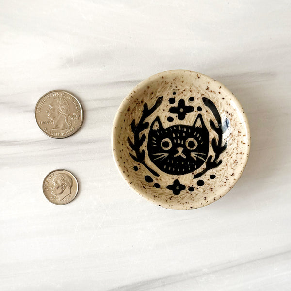 Small Cute Hand Painted Sgraffito Carved Cat Ceramic Ring Dish II