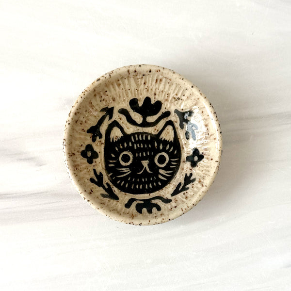 Small Cute Hand Painted Sgraffito Carved Cat Ceramic Ring Dish III