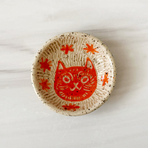 Small Cute Hand Painted Sgraffito Carved Orange Cat Ceramic Ring Dish 5