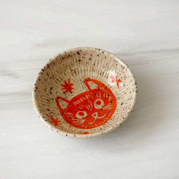 Small Cute Hand Painted Sgraffito Carved Orange Cat Ceramic Ring Dish 6