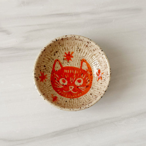 Small Cute Hand Painted Sgraffito Carved Orange Cat Ceramic Ring Dish 6