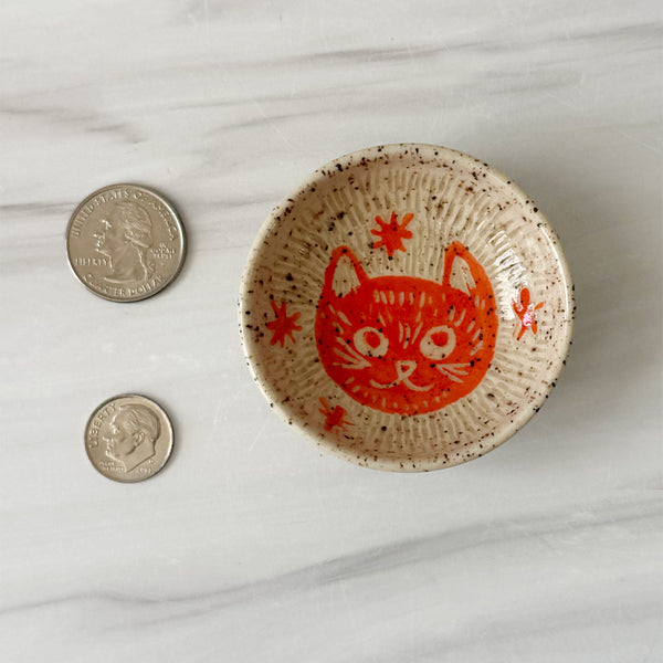 Small Cute Hand Painted Sgraffito Carved Orange Cat Ceramic Ring Dish 6