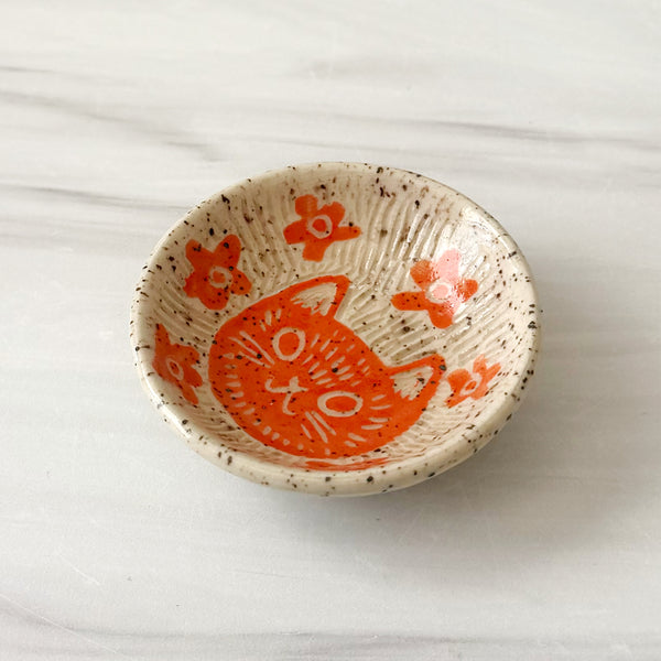 Small Cute Hand Painted Sgraffito Carved Orange Cat Ceramic Ring Dish 7