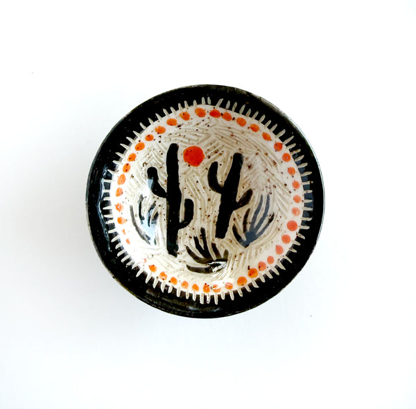 Small Hand Painted Sgraffito Carved Desert Cactus Ceramic Ring Dish 2