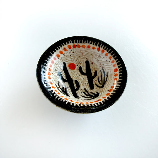 Small Hand Painted Sgraffito Carved Desert Cactus Ceramic Ring Dish 2