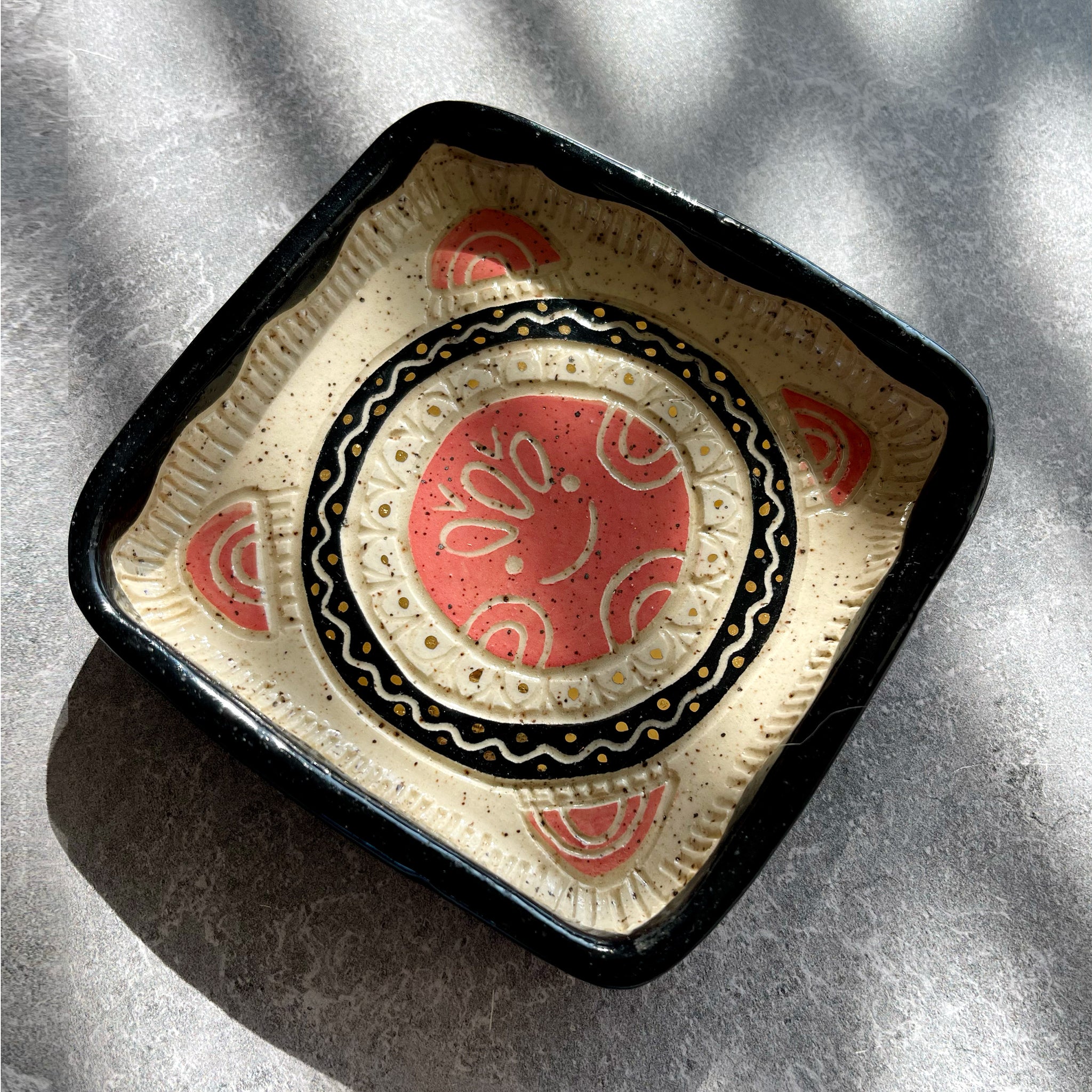 Gold Dot Sun Square Trinket Dish on Speckled Clay with Gold Luster