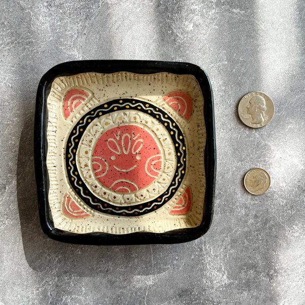 Gold Dot Sun Square Trinket Dish on Speckled Clay with Gold Luster