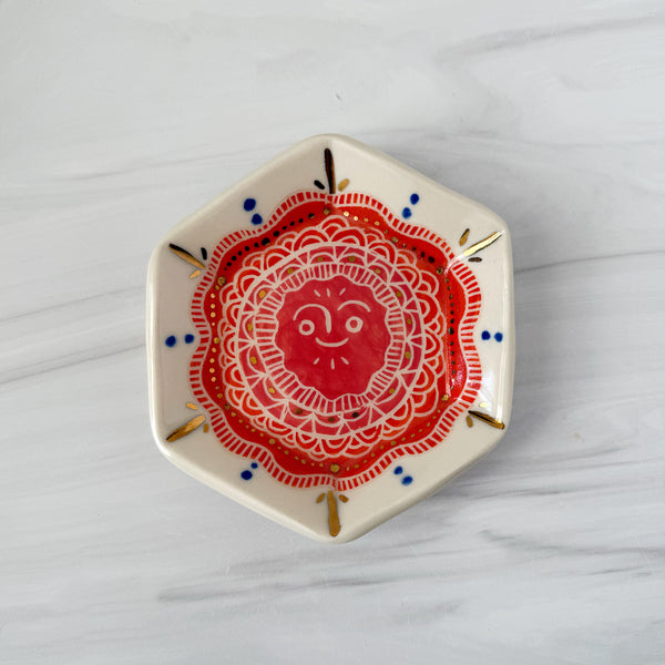Ceramic Orange and Pink Sun with Gold Luster Dish