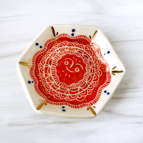 Ceramic Orange and Pink Sun with Gold Luster Dish
