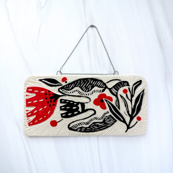 Ceramic Pigeon with red Flower Hanging Art