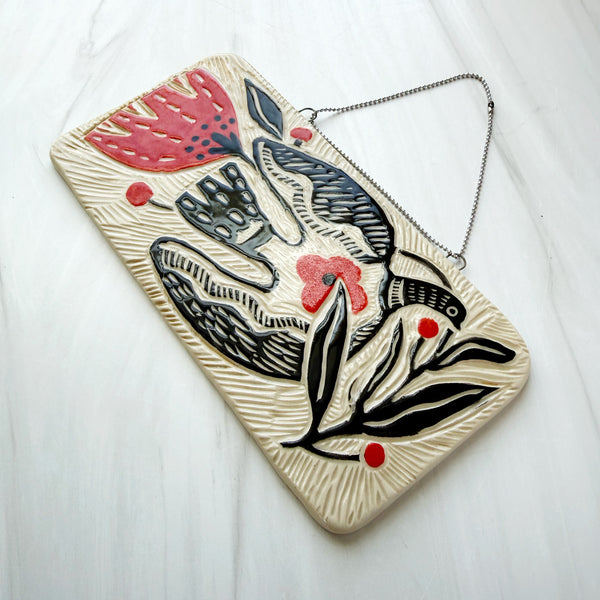 Ceramic Pigeon with red Flower Hanging Art