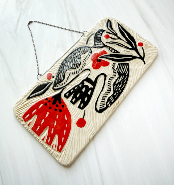 Ceramic Pigeon with red Flower Hanging Art