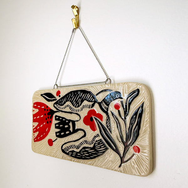 Ceramic Pigeon with red Flower Hanging Art